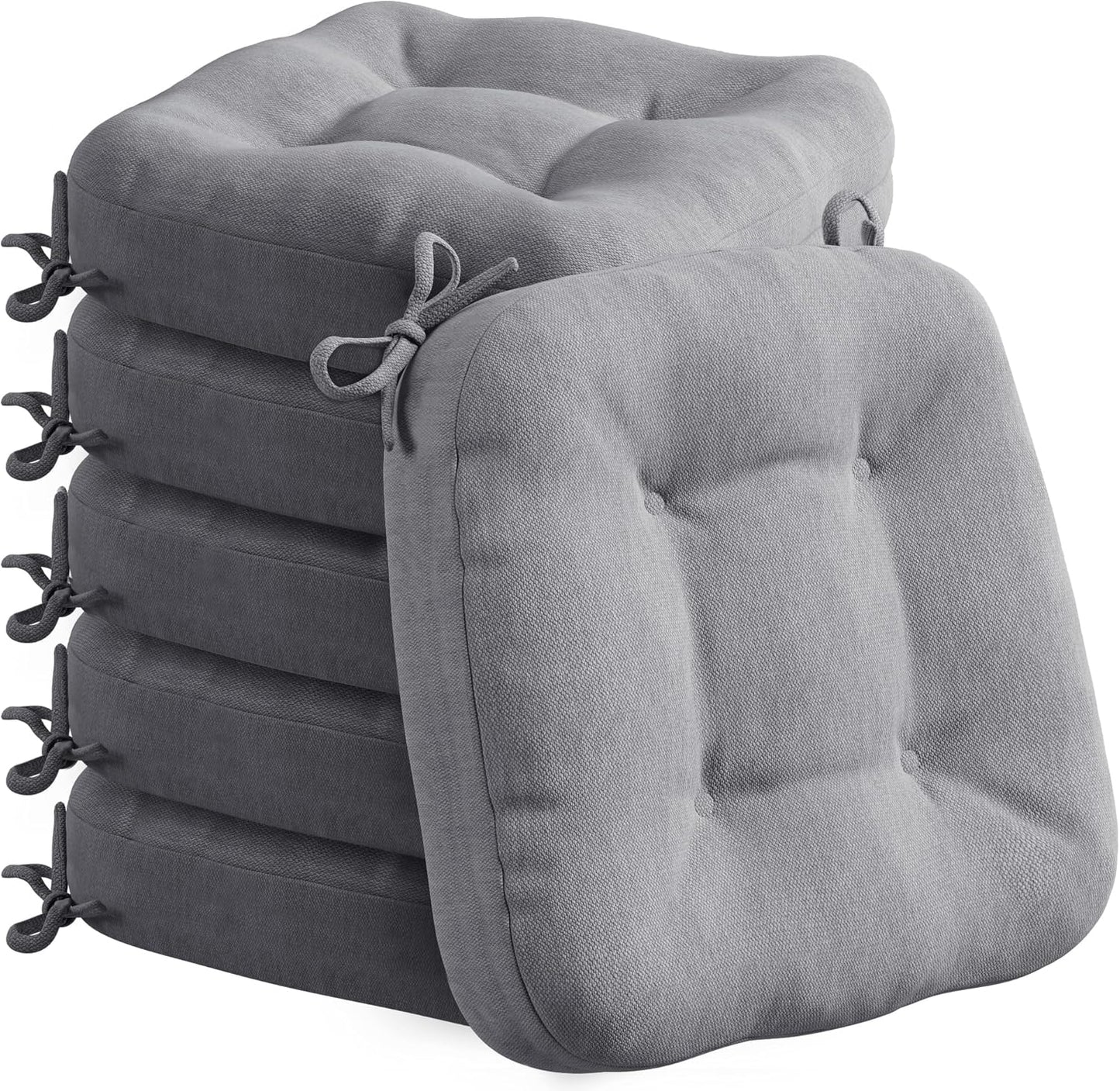 Codi 6 Pack Dining Chair Cushions, Thick Chairs Pads for Indoor Kitchen Room - Washable, Non-Slip Seat Cushion with Ties, 16.5"x16.5"x 3.5", Set of 6, Grey