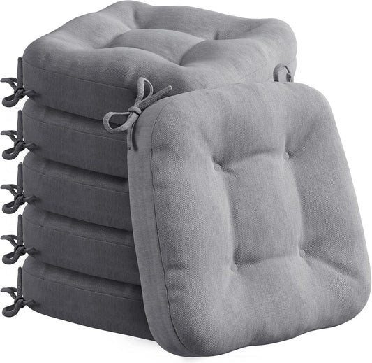 Codi 6 Pack Dining Chair Cushions, Thick Chairs Pads for Indoor Kitchen Room - Washable, Non-Slip Seat Cushion with Ties, 16.5"x16.5"x 3.5", Set of 6, Grey