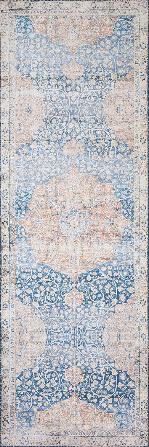 Loloi Layla Collection LAY-07 Blue/Tangerine 2'-6" x 7'-6" .13" Thick Runner Rug, Soft, Durable, Vintage Inspired, Distressed, Low Pile, Non-Shedding, Easy Clean, Printed, Living Room Rug