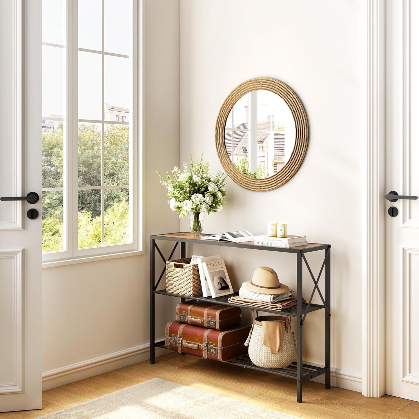 Hoctieon Industrial Console Table, 3 Tier Entryway Table, Hallway Table, Narrow Sofa Table with Shelves, Entrance Table for Entryway, Living Room, Foyer, Hallway, Office, Rustic Brown&Black