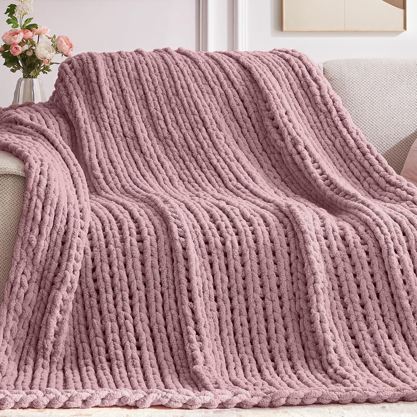 Chunky Knit Throw Blanket, 50''*60'' Knitted Throw Chenille Yarn for Bed Couch, Handmade Muted Pink Crochet Big Thick Blanket, Machine Washable Cute Comfy Blanket for Home Decor