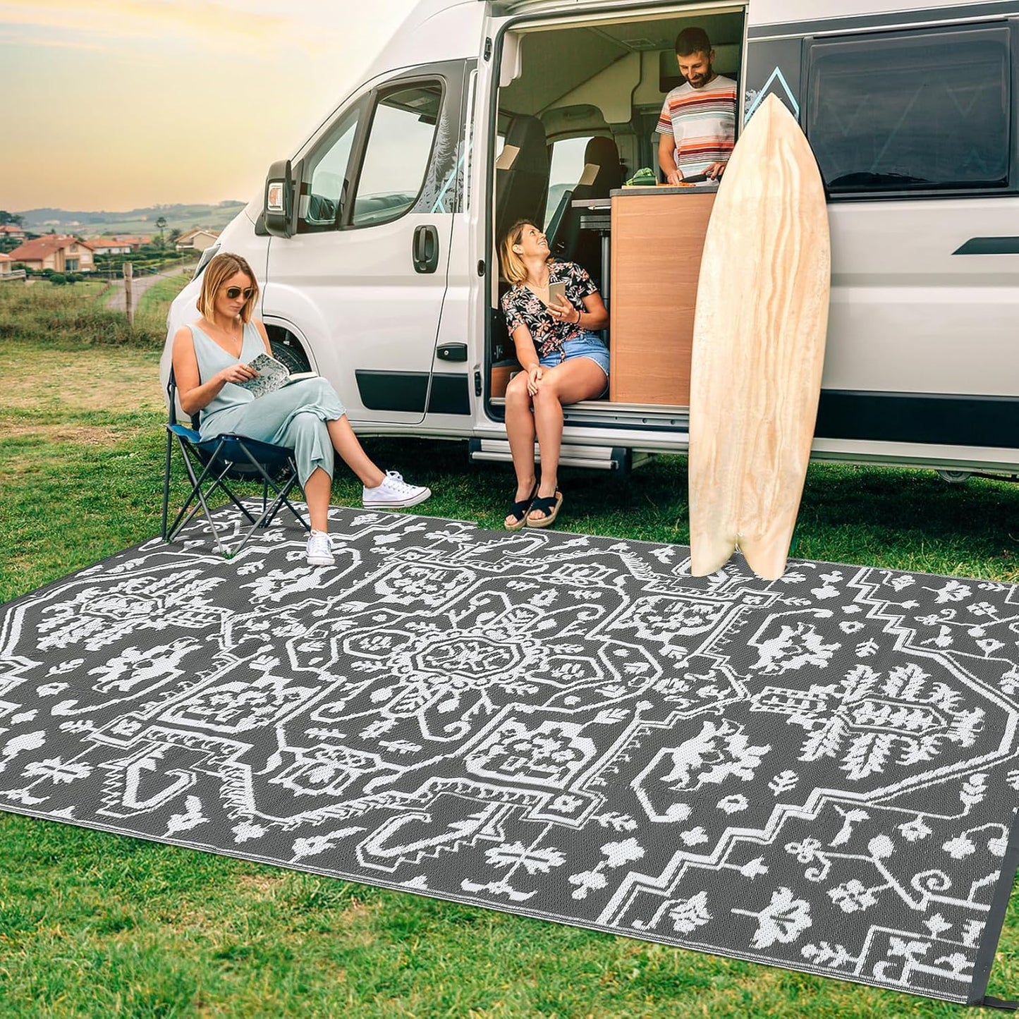 Outdoor Rug 9x12 Waterproof Reversible Plastic Straw Patio Rug, Stain-Resistant Vintage Medallion Carpet, Large Easy-Cleaning Indoor Outdoor RV Mat for Deck, Camping, Balcony, Grey White