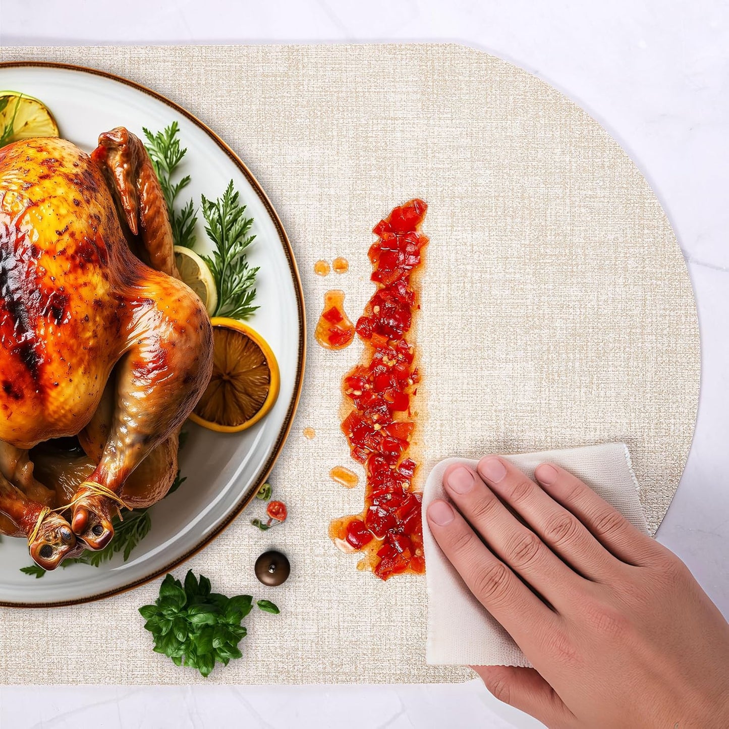 DOLOPL Placemats Set of 6, Oval Large Beige Place Mats for Kitchen Dining Room Table Decorations, Faux Leather Anti Slip Waterproof Dining Table Place Mats for Indoor & Outdoor Use(13.8"x21.6")