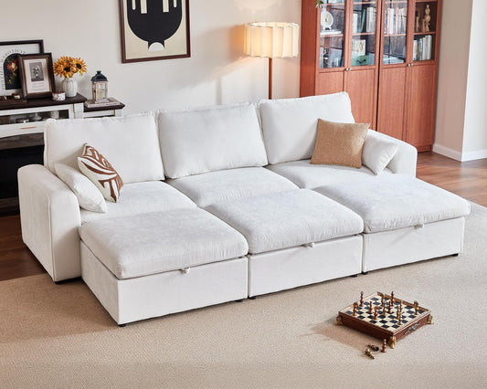 Oversized Modular Sofa Comfy Cloud Couch with Storage, Extra Deep Plush Sectional Sofa Set for Living Room, Covers Washable, Chenille, Olar (White, 6-Seater with 3 Ottomans, Sleeper)