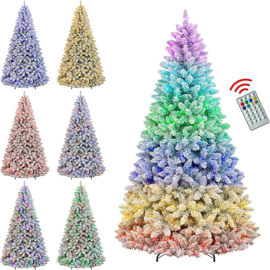 6 ft Lighted Snow Flocked Christmas Tree with Remote Control, 250 Multicolor RGB LED Lights, 1032 PVC Branch Tips, Artificial Hinged Christmas Tree with for Holiday, 15 Modes