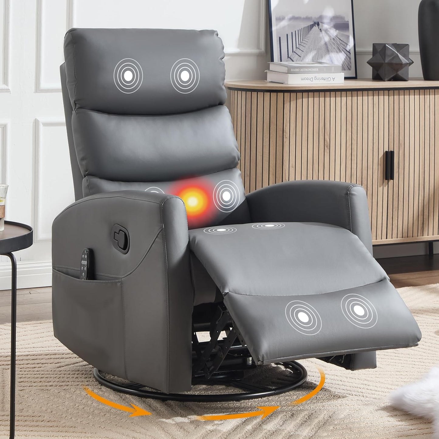 Manual Swivel Rocker Recliner Chair for Adults, Overstuffed Reclining Glider Chair for Nursing with Vibration Massage & Heat, Living Room Rocking Recliner 3-Stage backrest, Faux Leather Gray