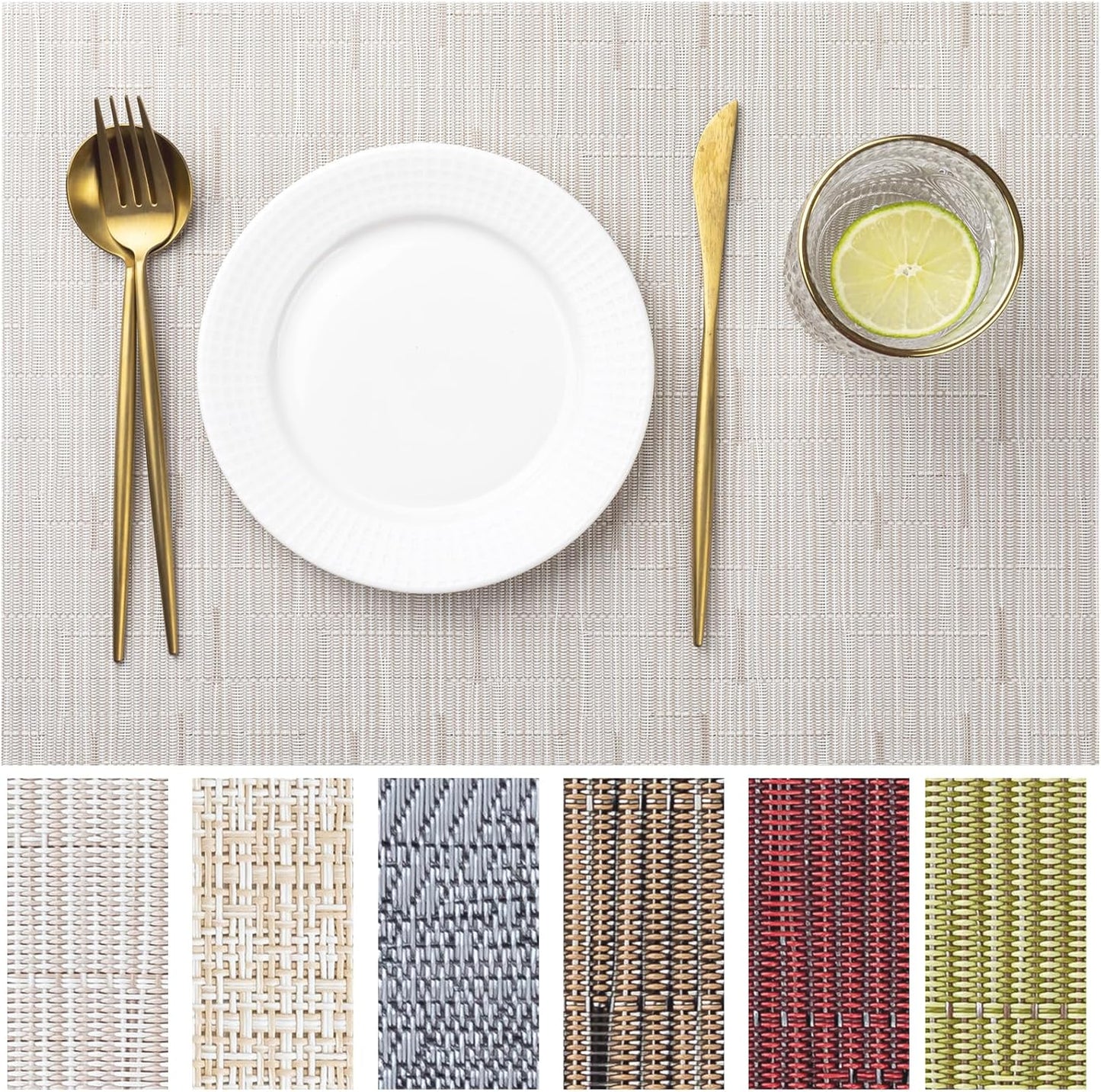 LEXMORE Placemats Set of 4 Vinyl/Plastic Woven Place Mats for Kitchen Table Indoor/Outdoor Washable Placemat Wipeable Dining Table Mats(Pale Beige)