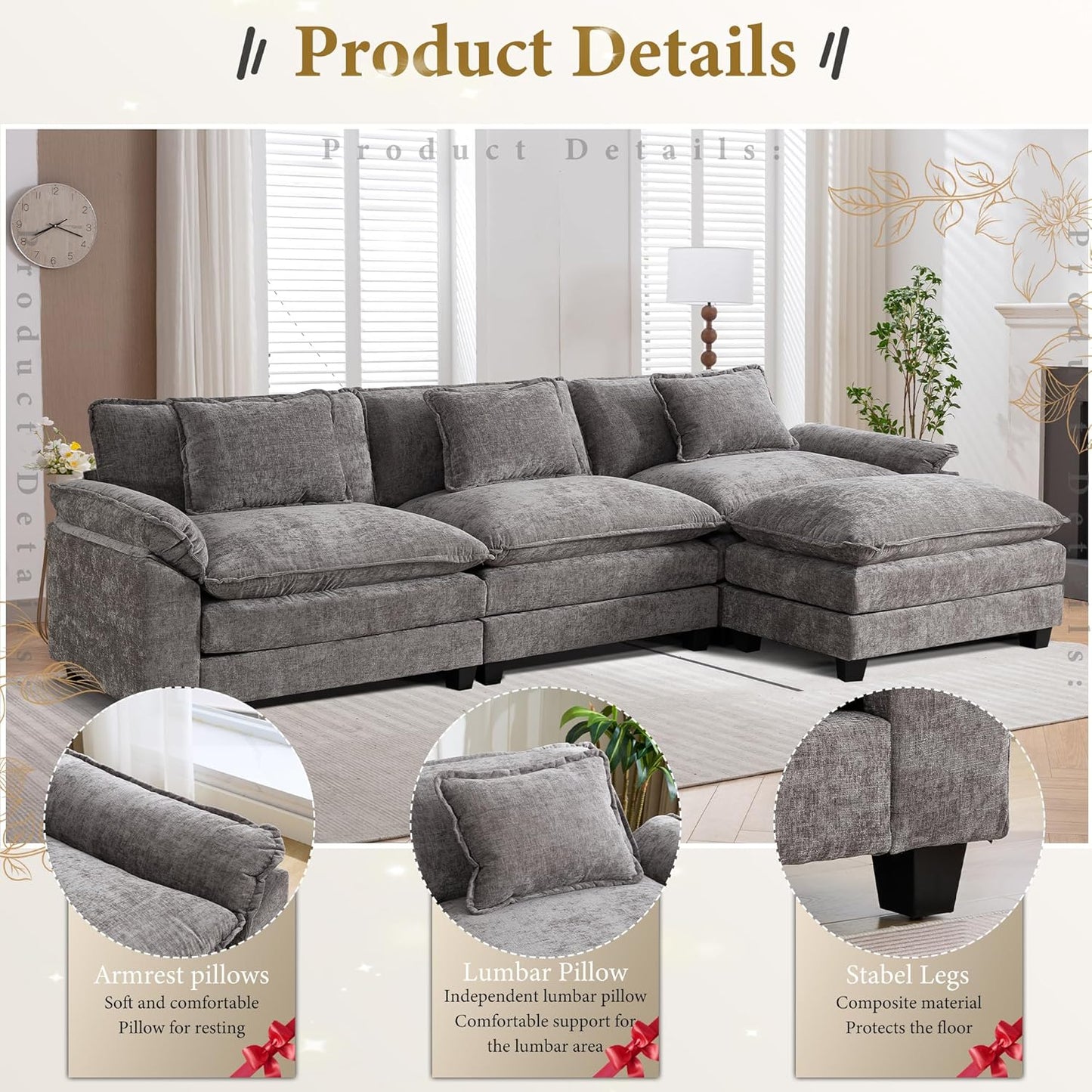 URRED Modular Sectional Sofa Comfy Cloud Couch, Modern Chenille Sofa Sleeper Deep Seat Couches with Ottoman/Pillows for Living Room (Gray, 117''- L Shape)