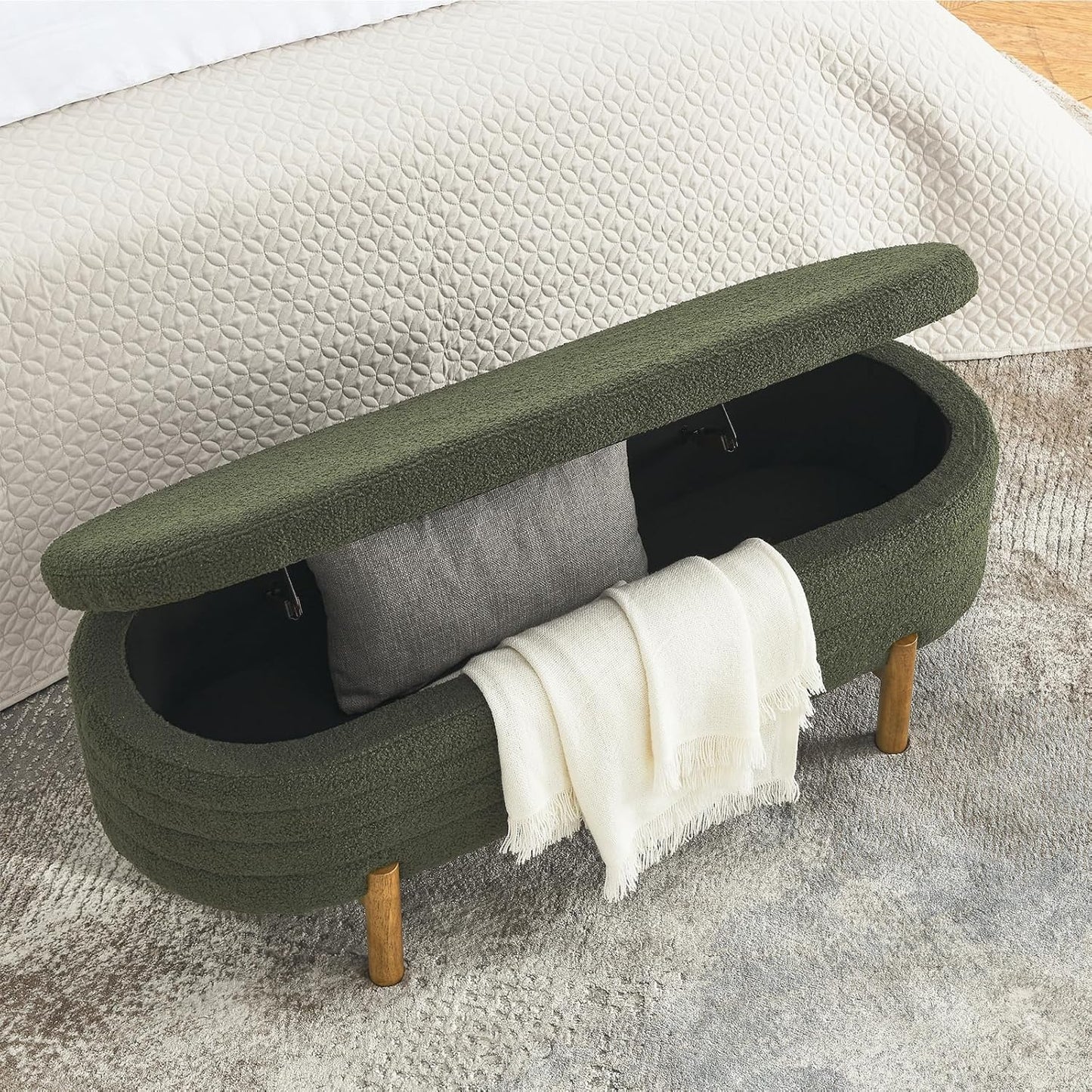 Furniliving 46” Storage Benches, End of Bed Bench with Button-Tufted Large Upholstered Storage Ottoman Teddy Window Bench with Storage Shoe Cabinet Bench, for Bedroom, Entryway, Closet, Green