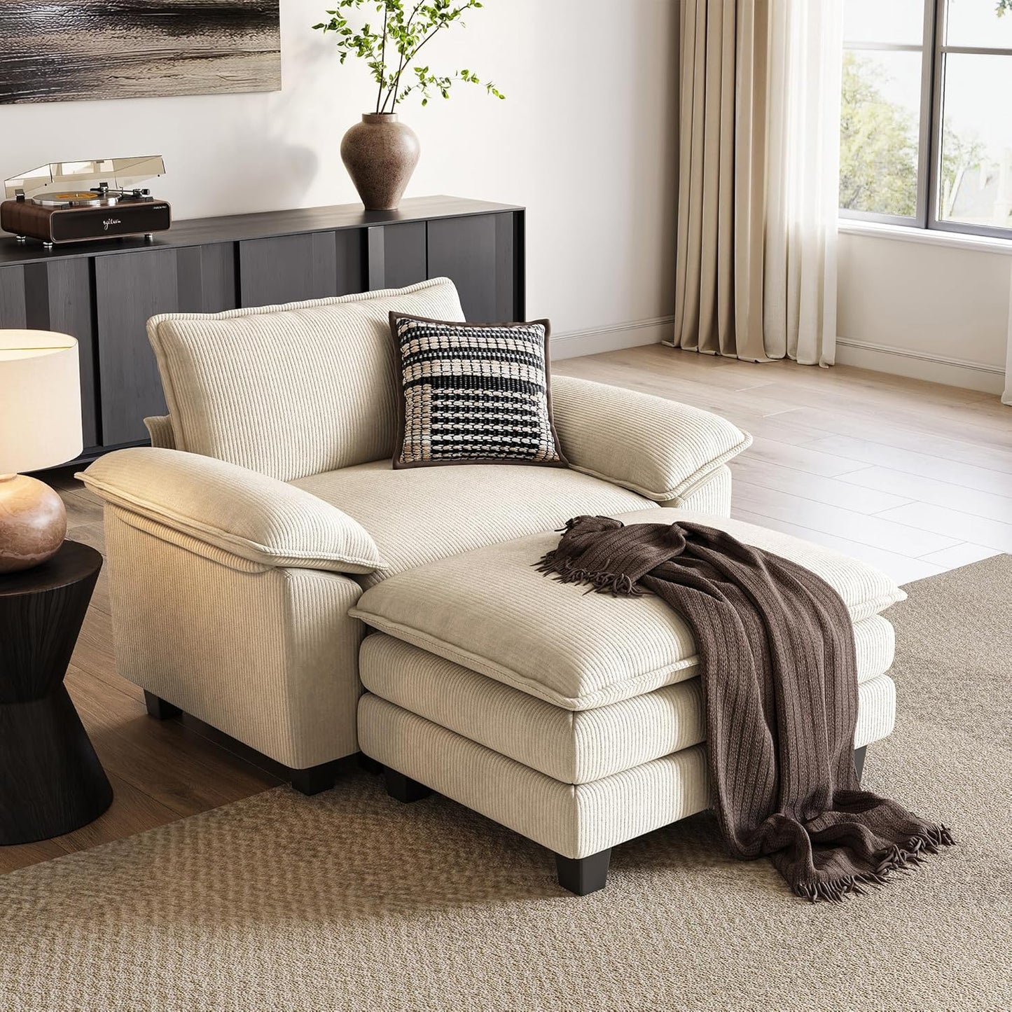 LINSY HOME Sofa Chair with Movable Ottoman - Corduroy Cloud Couch Chair Soft Comfy Modern Sofa Chaise Single Sleeper Chair Bed for Living Room Apartment Office, Beige