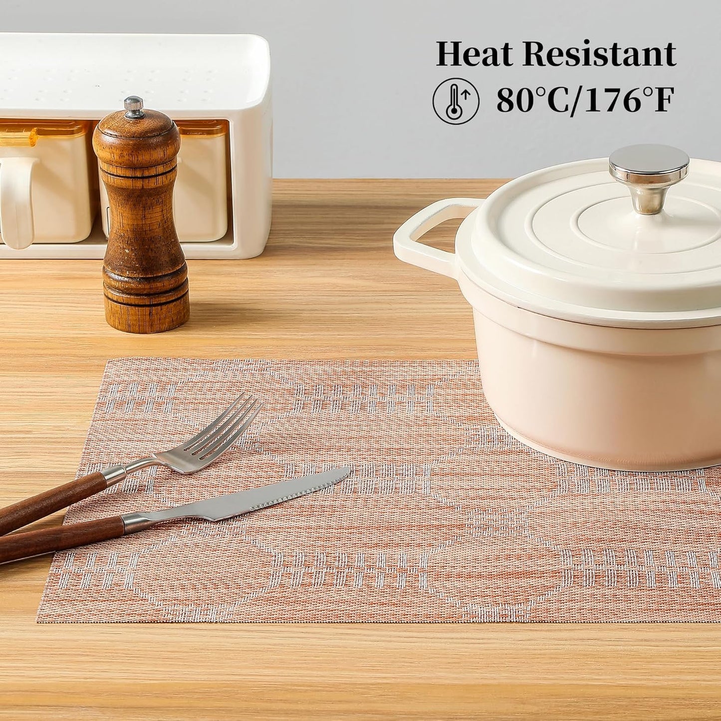 Leetaltree Coral Placemats Set of 8 - Heat Resistant Non-Slip Place mats for Dining Table, Washable Durable PVC Vinyl Woven Table Mats（Coral, 8）