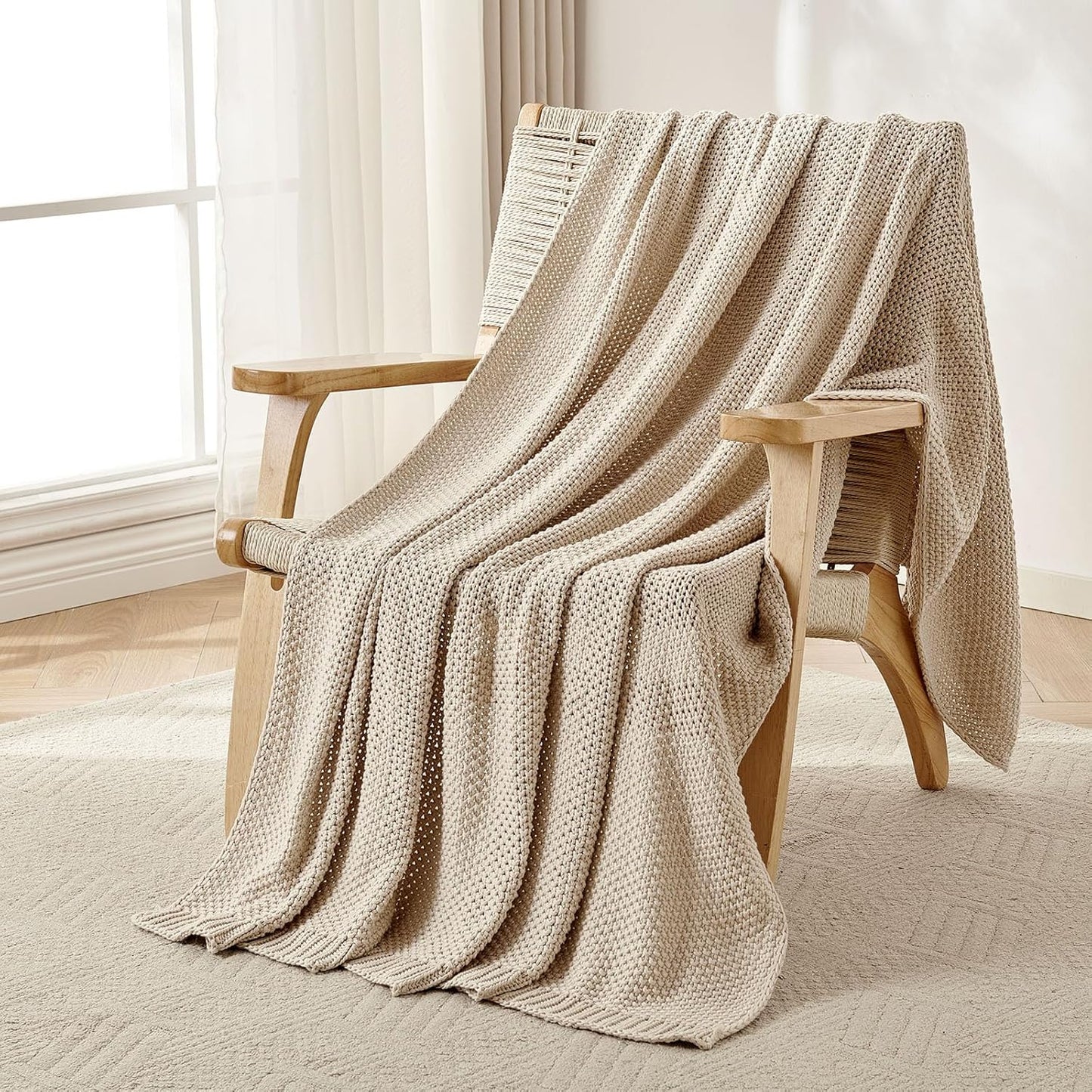 Joydeco Chunky Cable Knit Throw Blanket, Lightweight 100% Organic Cotton Soft Cozy Throw Twin Blanket for Couch Bed and Sofa, Rustic Breathable Farmhouse Blanket Gift for Women Men(Beige, 51"x63")