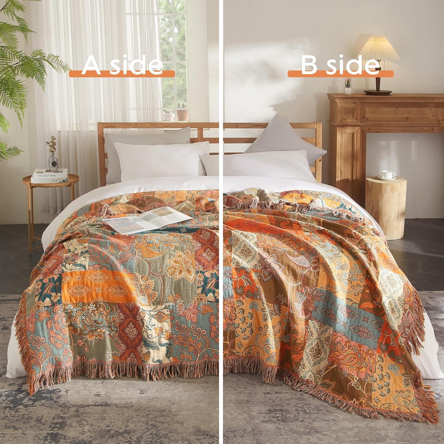 Boho Throw Blanket for Bed 90”x98”, 100% Cotton Woven Blanket for Couch Sofa, Ultra Soft 4-Layer Muslin Quilt with Patchwork Floral Printed, Farmhouse Bed Blanket/Cover for Living Room Decor