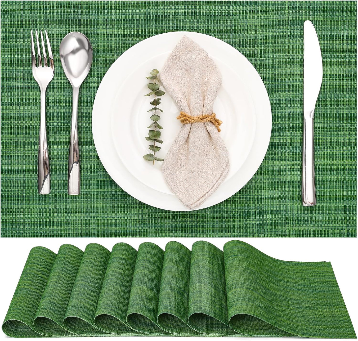 Myir JUN Placemats Set of 8, Vinyl Woven Placemats Place Mats Indoor Set of 8 Washable Table Mats Non-Slip Place mats for Dining Table (Dark Green, Set of 8)