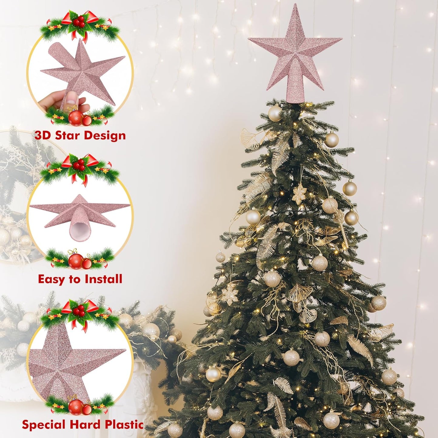 Tree Topper Star, 6" Rose Gold Christmas Star Tree Topper Accessories, Xmas Glitter 3D Bethlehem Tree Topper Ornament, Waterproof Holiday Christmas Tree Topper Star Decor for Home Indoor Outdoor
