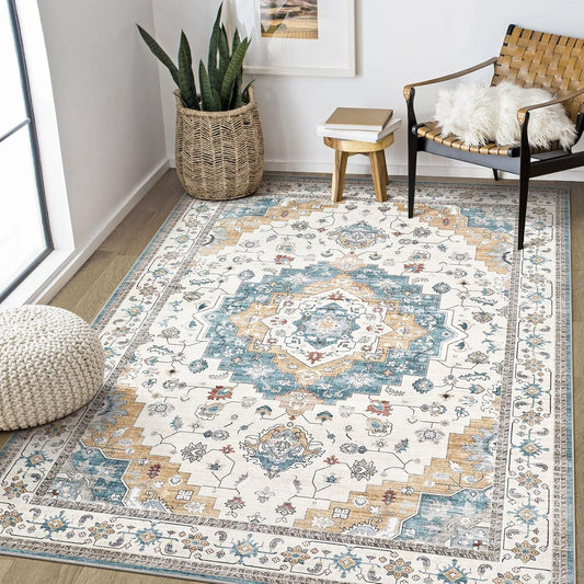 Washable Area Rugs for Living Room - 5x7 Neutral Vintage Distressed Floral Farmhouse Boho Large Soft Floor Rug Indoor Non Slip Carpet for Living Room Bedroom Dining Room Office - Blue/Yellow/Beige