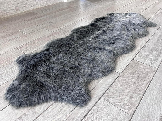 LAMBZY Faux Sheepskin Super Soft Hypoallergenic Free Shape Silky Shag Rug, Luxury Shaggy Silky Plush Carpet for Bedrooms Living Kids Room Sofa Rugs (Black with White Tips, Double 2'x6')