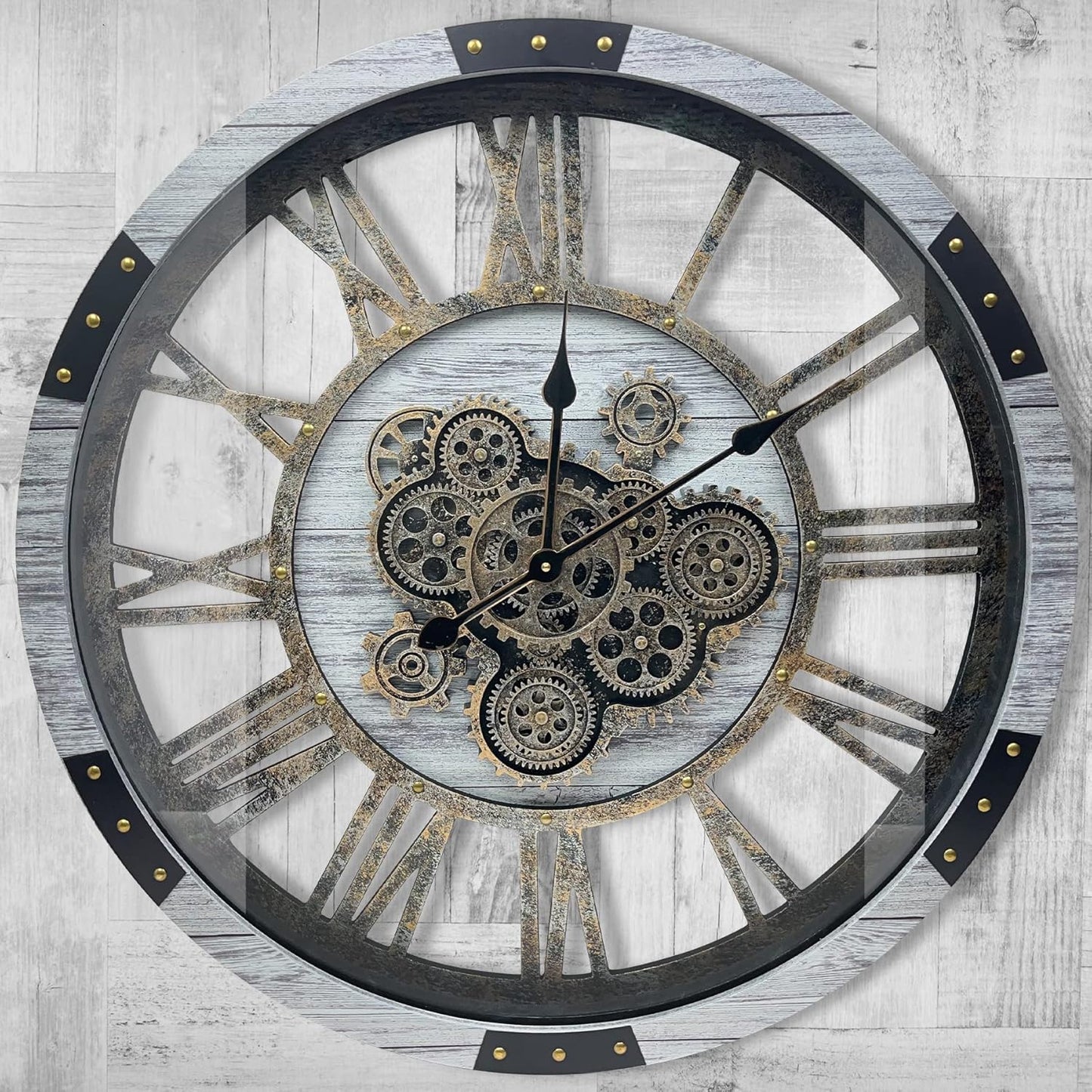 DORBOKER 24" Large Wall Clock with Moving Gears,Oversize Vintage Industrial Rustic Farmhouse Clocks for Living Room Decor Office Home,Solid Wood HD Tempered Glass Cover,Silver Grey