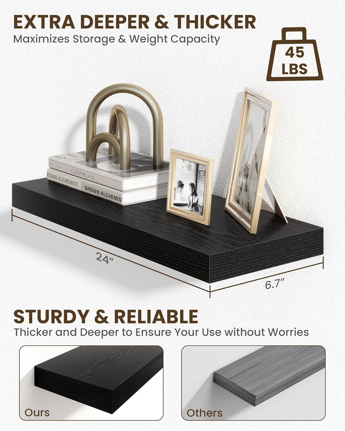 Marsmiles 24" Floating Shelves for Wall, Wooden Shelves with Invisible Brackets Set of 2, Rustic Farmhouse Wall Mounted Shelf for Kitchen Bathroom Living Room Study, Black