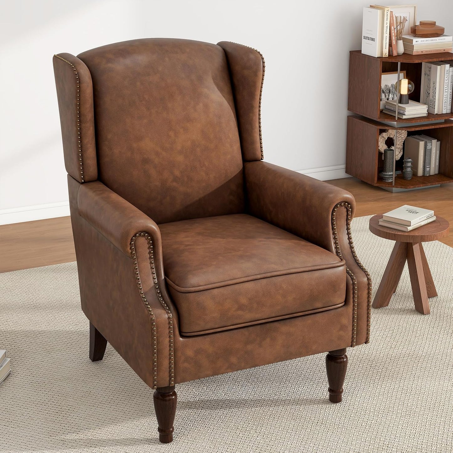 UIXE PU Leather High Back Accent Chair, Upholstered Armchair for Living Room, Retro Wingback Arm Chair Nailhead Trim Single Sofa Bedroom Reading Seat with Solid Wood Legs - Brown