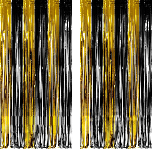 Black and Gold Party Streamers Decoration - GREATRIL Foil Fringe Backdrop for 2025 NYE/Anniversary/Farewell/Cocktail/Prom/EID/Birthdays - 3.2ft X 8.2ft - 2 Packs