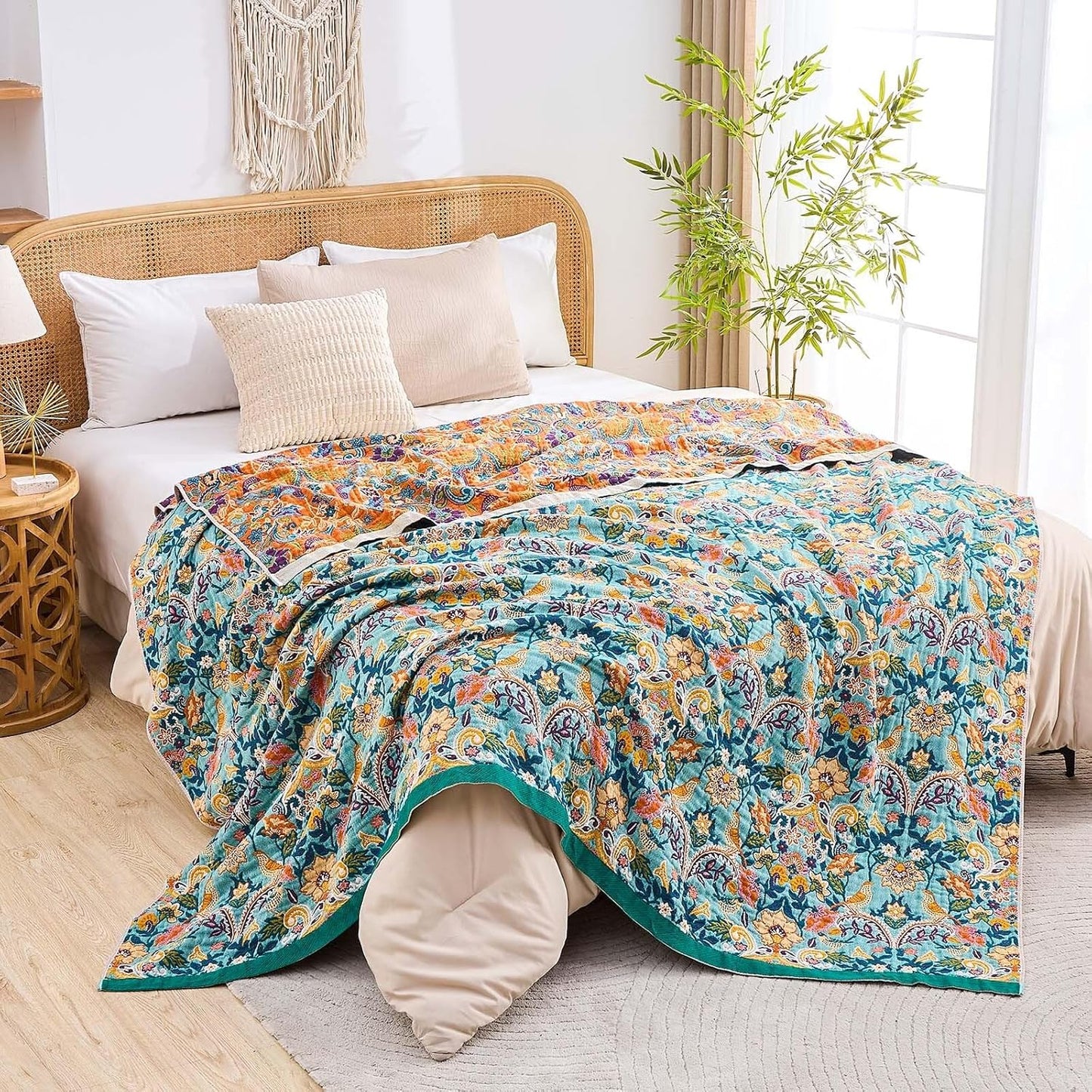 Boho Blanket Throw Quilt, 100% Cotton Soft Light Weight Throw Blankets for Summer, 80"x90" Farmhouse Flower Decorative Blankets, All Season Rustic Reversible Bohemian Throw Quilt