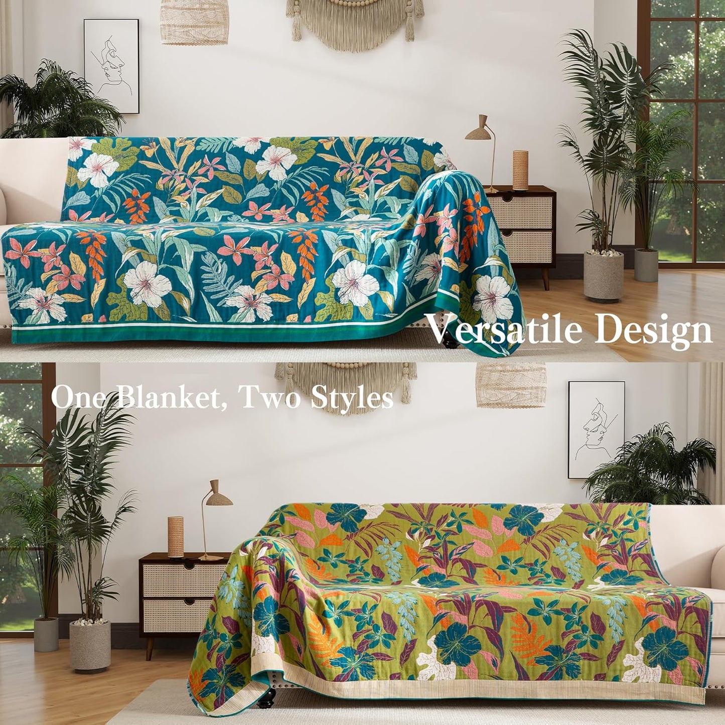 Boho Throw Blanket Twin Size, Soft Cozy Cotton Muslin Quilt Blanket for Bed Decor, Floral Patterned Couch Sofa Chair Cover, Vintage Farmhouse Cottage Tapestry Woven Blanket, Teal&Green