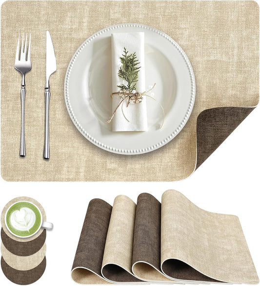 Faux Leather Dual Sided Placemats Set of 4, Square Non-Slip Heat Resistant Placemats with Coaster, Reversible wipeable Waterproof Table Mats for Kitchen, Dining, Outdoor (4, Beige Dark Coffee)