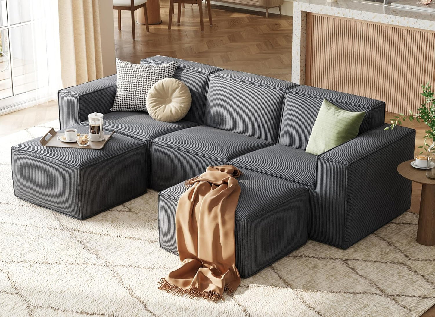 LINSY HOME Modular Sectional Sofa, 105" Boneless Couch U Shaped 3-Seat Sofa with 2 Movable Ottomans, Corduroy Sectional Cloud Couches for Living Room, No Assembly Required, Bluish Grey