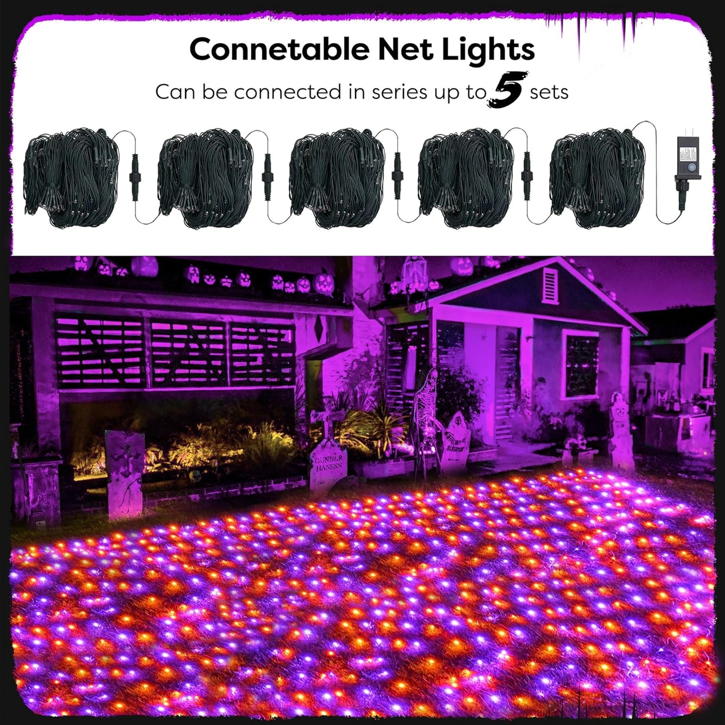 WBao Halloween Lights Outdoor 200LED 8.4ft x 5.2ft Orange Purple Halloween Net Lights with 8 Modes, Timer, Connectable, Waterproof & Dark Green Wire for Lawn, Bushes, Trees, Outdoor Holiday Decor