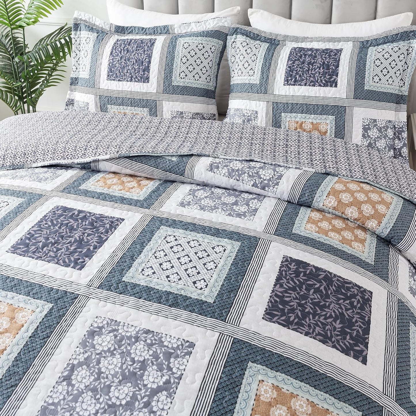 NEWLAKE Quilt Bedspread Sets - Bohemian Farmhouse Pattern Reversible Coverlet Set, Queen Size