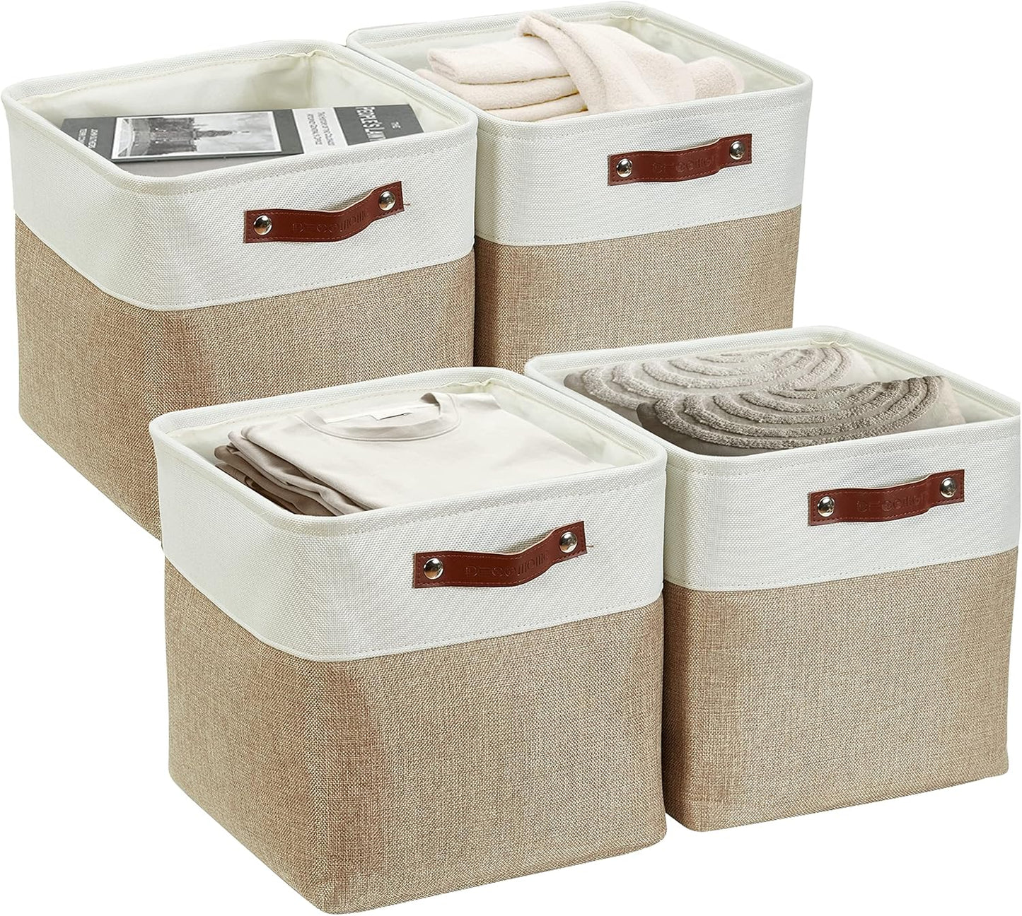 DECOMOMO Storage Cubes, 12x12 Storage Bins, Baskets for Shelves (Beige & White, Cube 12" - 4 Pack)