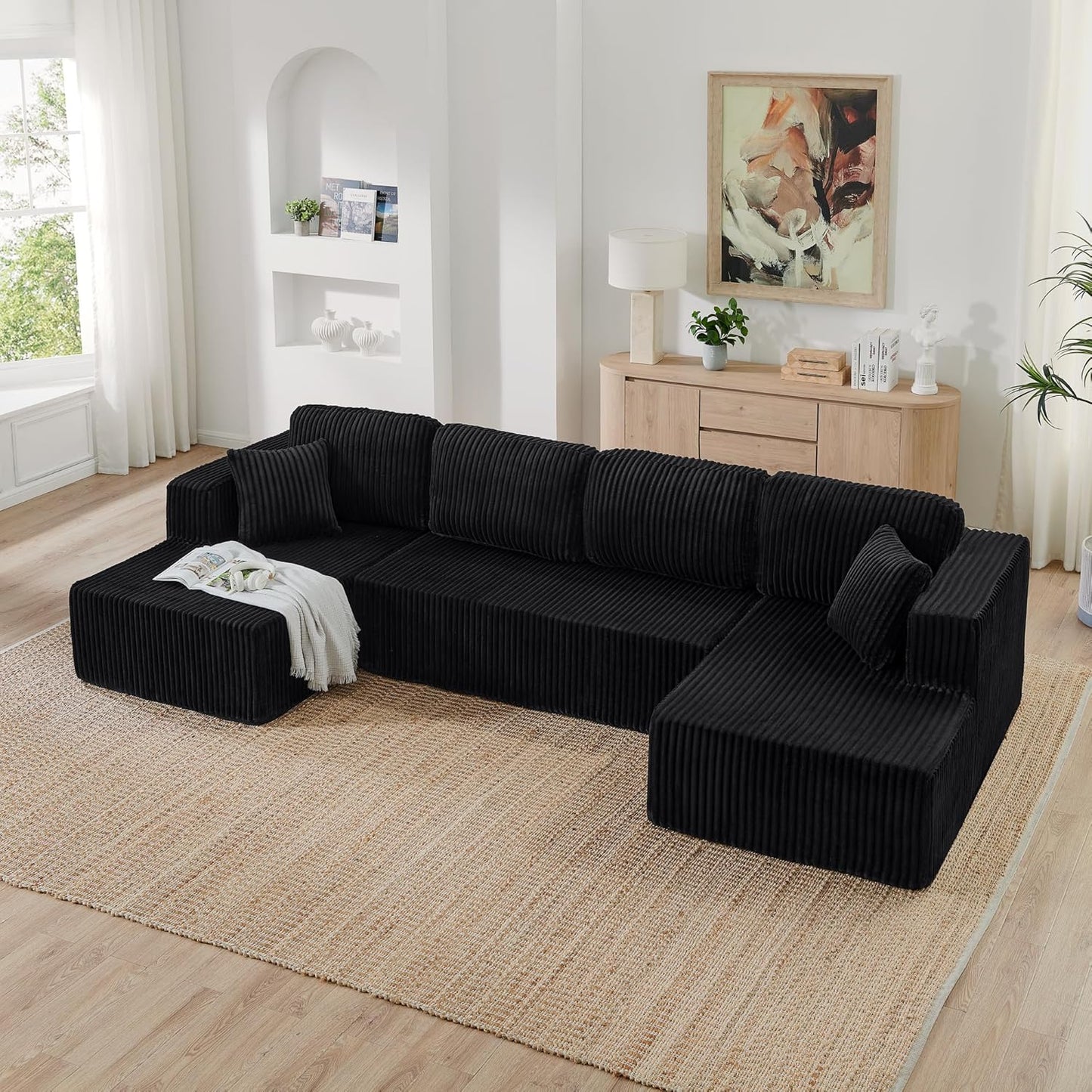 HYJT-H&K Modular Sectional Sofa Cloud Secttional Couch, 132" Comfy U Shaped Couches for Living Room, Deep Seat Memory Foam Fluffy Plush Corduroy Boneless Couch Sectionals with Chaise, Black