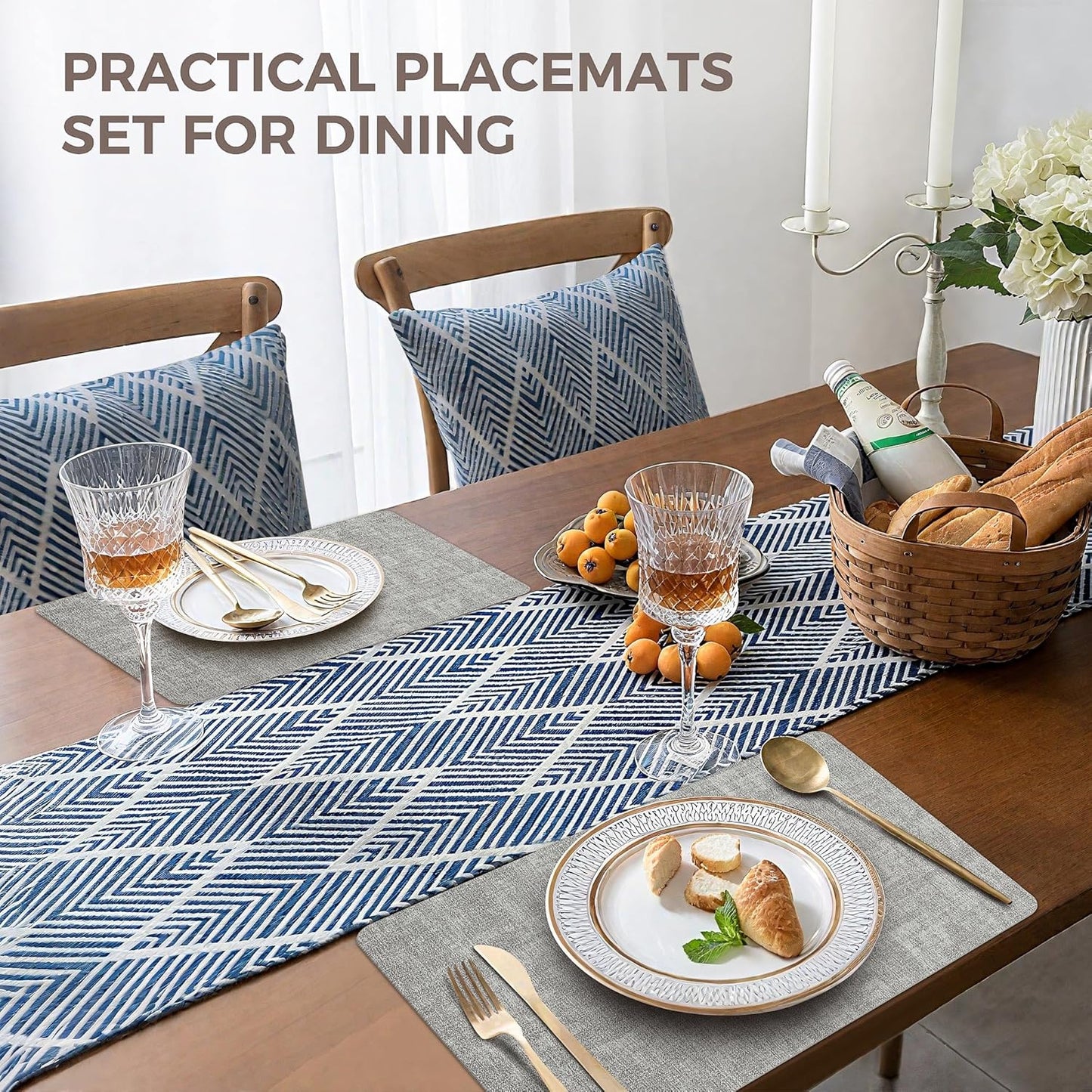 Vinyl Placemats Set of 4, Faux Leather Waterproof and Heat Resistant Place Mats, Washable Anti-Slip Table Mats with Coaster, Wipeable Placemats for Indoor & Outdoor 17" x 12" (Light Grey, Set of 4)