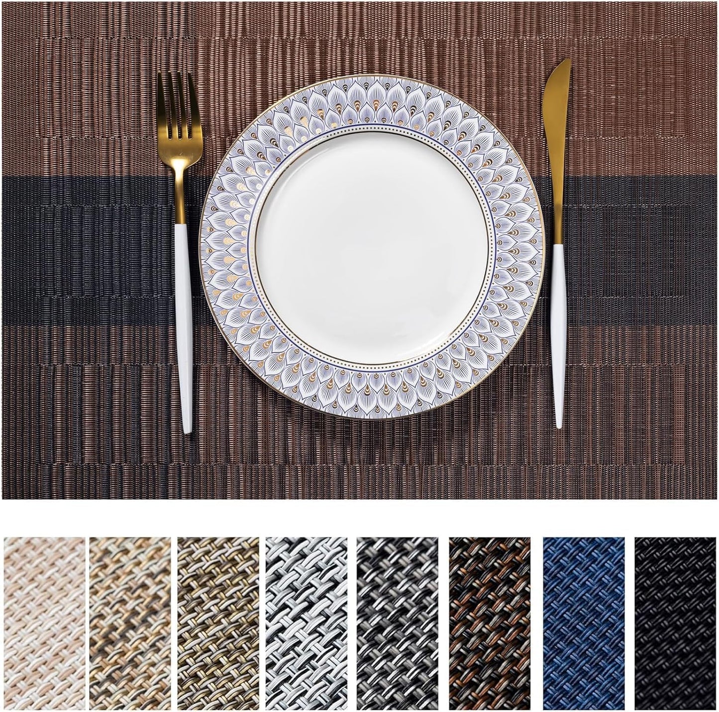 LEXMORE PlaceMats Set of 12 Vinyl/Plastic Woven Place Mats for Kitchen Table Indoor/Outdoor Washable PlaceMat Wipeable Dining Table Mats(Ombre Brown Black)