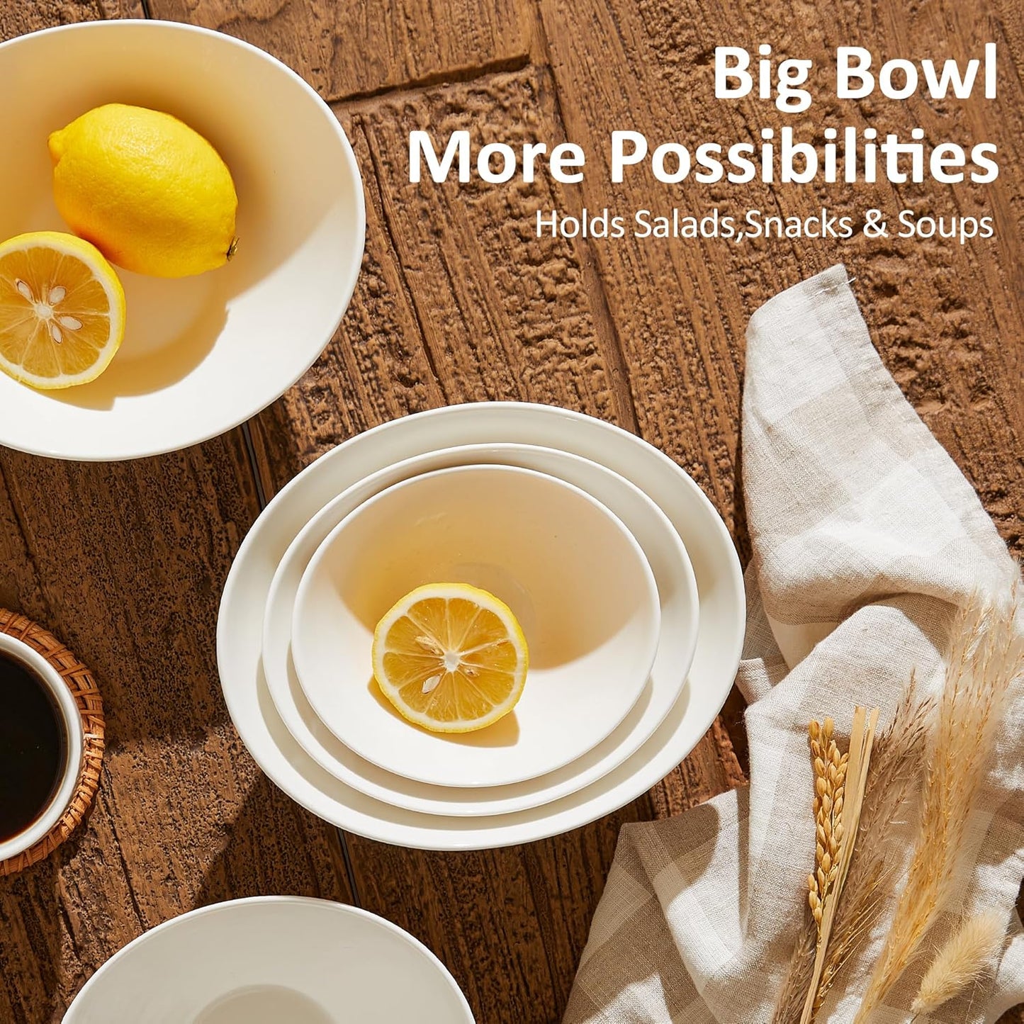 Teocera 7 Inch Salad Bowls Set of 6, 18 oz Large Soup Bowls– Microwave & Dishwasher Safe, for Pasta, Snacks, White