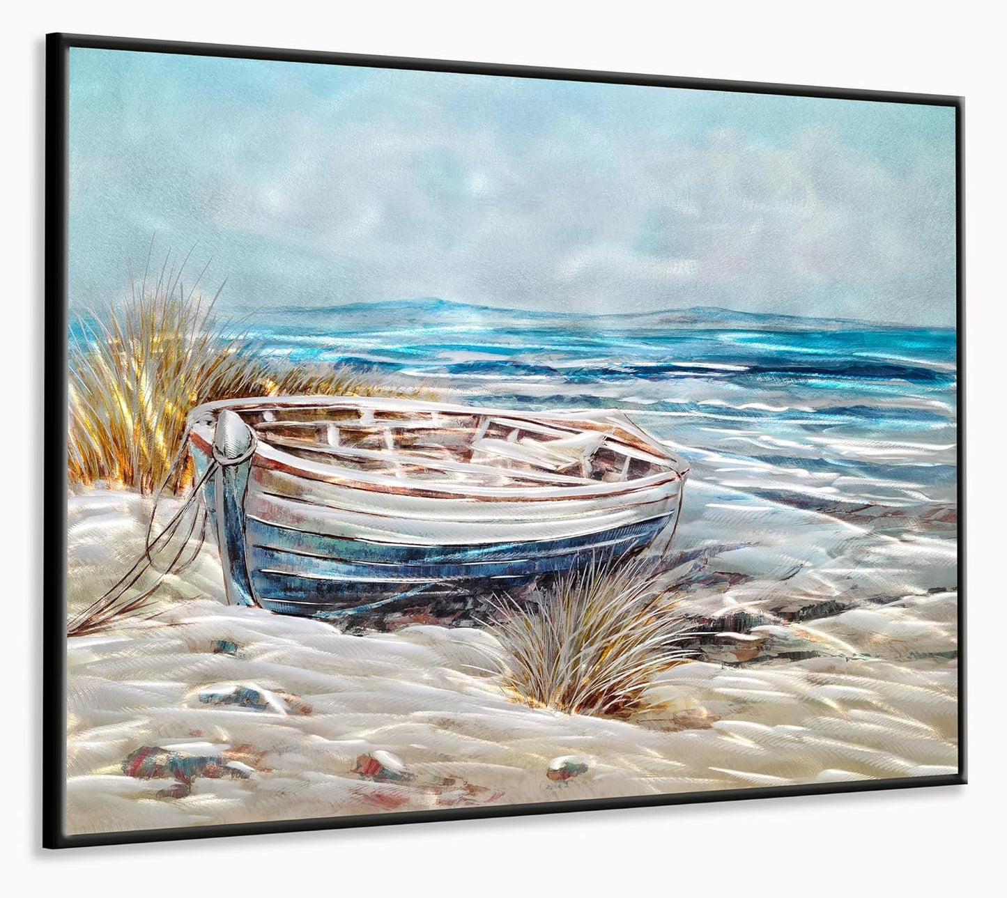 Yihui Arts Modern 3D Coastal Metal Wall Art Framed Home Accent in Blue and Silver for Living Room, Bedroom, Bathroom Decor