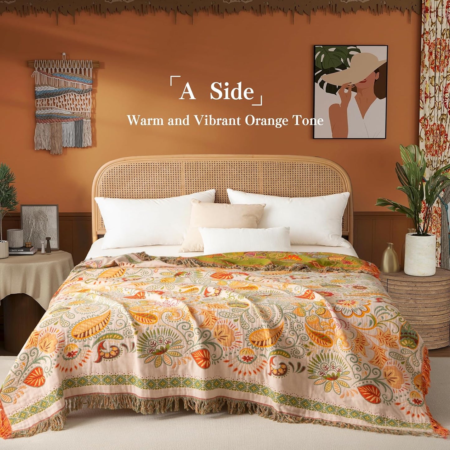 Boho Throw Blanket Full Size, Extra Large Soft Cozy Cotton Muslin Quilt Blanket for Bed Decor, Floral Patterned Couch Sofa Chair Cover, Vintage Farmhouse Cottage Woven Blanket, Coral&Green