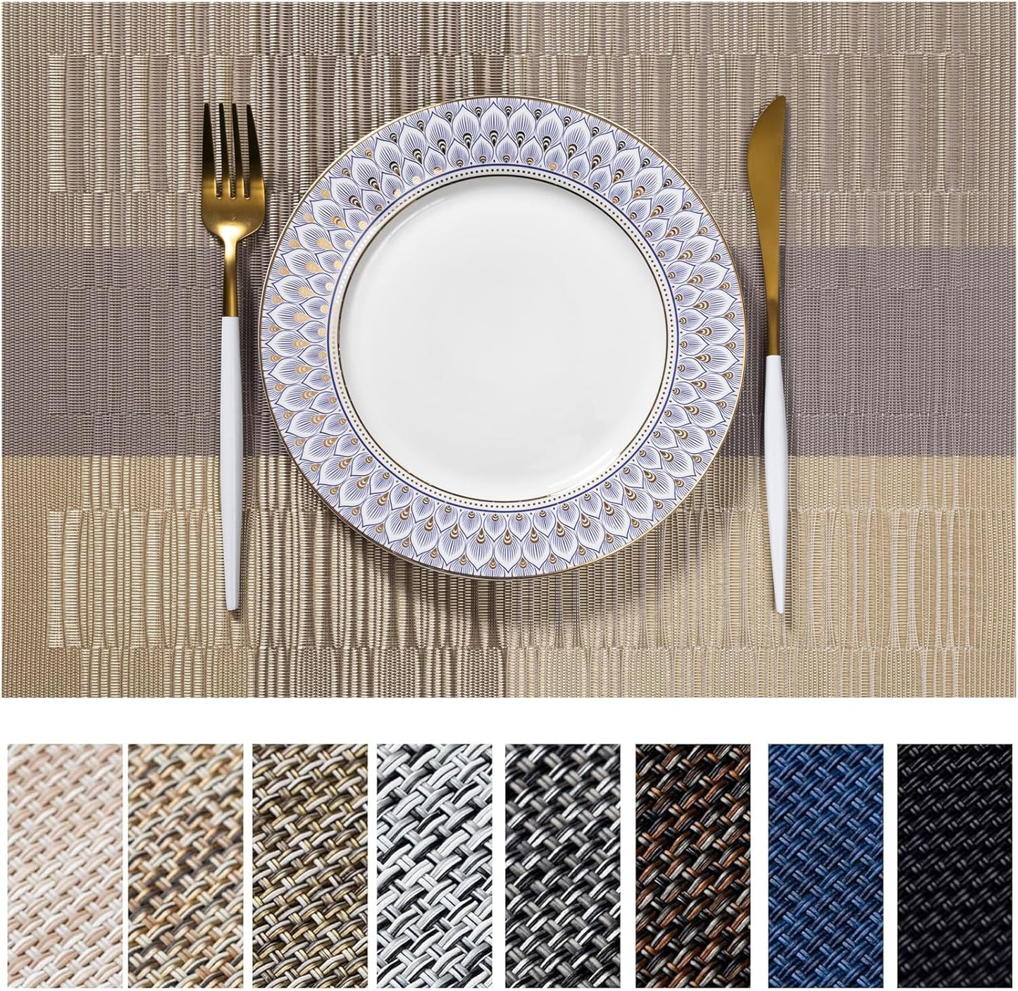 LEXMORE Placemats Set of 8 Vinyl/Plastic Woven Place Mats for Kitchen Table Indoor/Outdoor Washable Placemat Wipeable Dining Table Mats(Gold Dune)