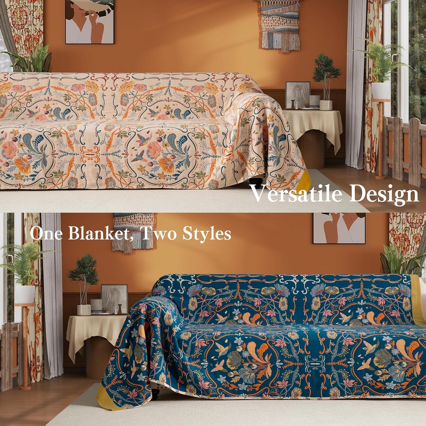 Boho Throw Blanket Twin Size, Soft Cozy Cotton Muslin Quilt Blanket for Bed Decor, Floral Patterned Couch Sofa Chair Cover, Vintage Farmhouse Cottage Tapestry Woven Blanket, Yellow&Blue