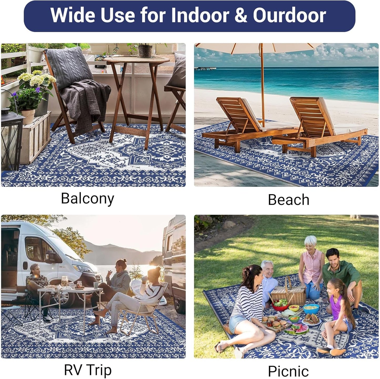 GAOMON Outdoor Rugs for Patio 9x12 Waterproof Reversible Plastic Straw Rug, Large UV-Resistant Portable RV Camping Mats, Indoor Outdoor Medallion Carpet for Deck Porch Garden, Dark Blue & White