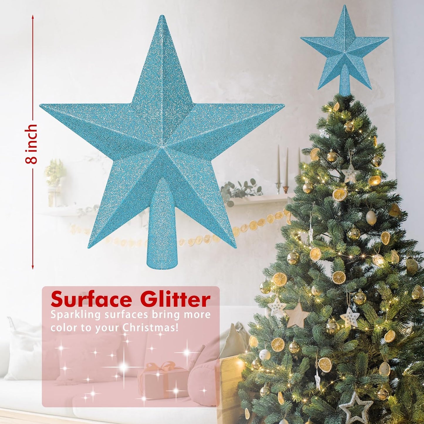 Christmas Tree Topper, Blue 8" 3D Star Tree Topper Decorations, Christmas Tree Topper Bethlehem Star Ornament, Glitter Waterproof Shatterproof Xmas Tree Decor for Holiday Xmas Home Indoor Outdoor