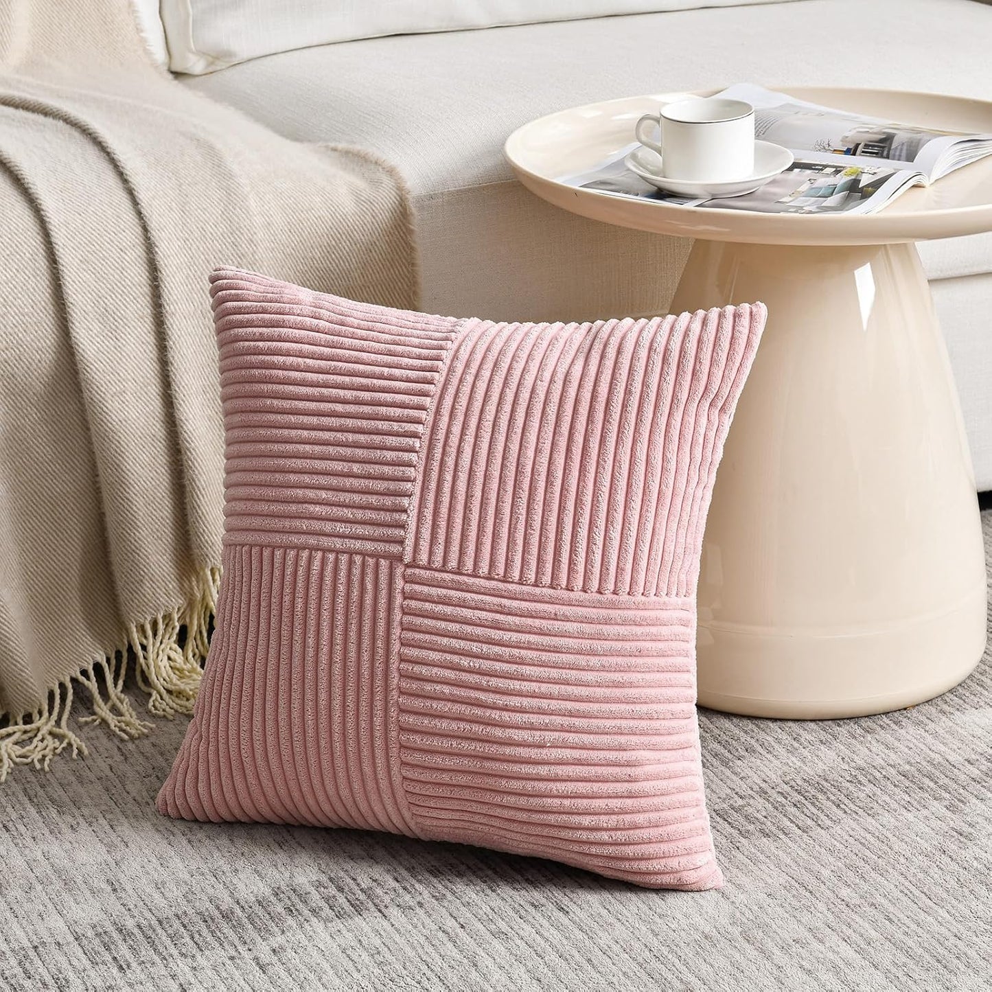 Fancy Homi 2 Packs Blush Pink Euro Decorative Throw Pillow Covers 26x26 Inch for Couch Bed Bedroom, Farmhouse Boho Home Decor, Soft Corss Corduroy Patchwork Textured Square Cushion Case 66x66 cm
