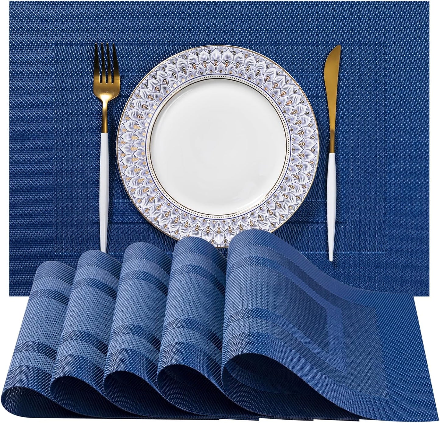 LEXMORE Placemats Set of 6 Vinyl/Plastic Woven Place Mats for Kitchen Table Indoor/Outdoor Washable Placemat Wipeable Dining Table Mats(Navy Cube)