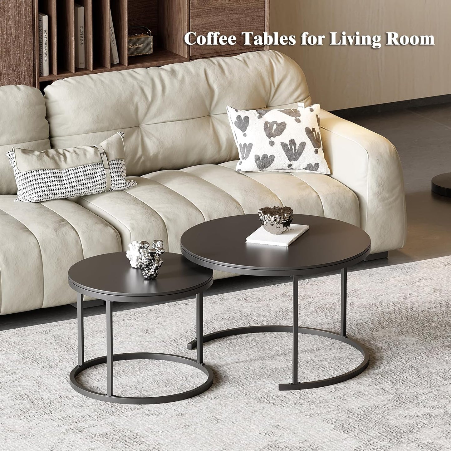 Round Nesting Coffee Table, Black Modern Decorative Coffee Center Table Set of 2, Sintered Stone Coffee Table for Living Room with Sturdy Metal Frame.