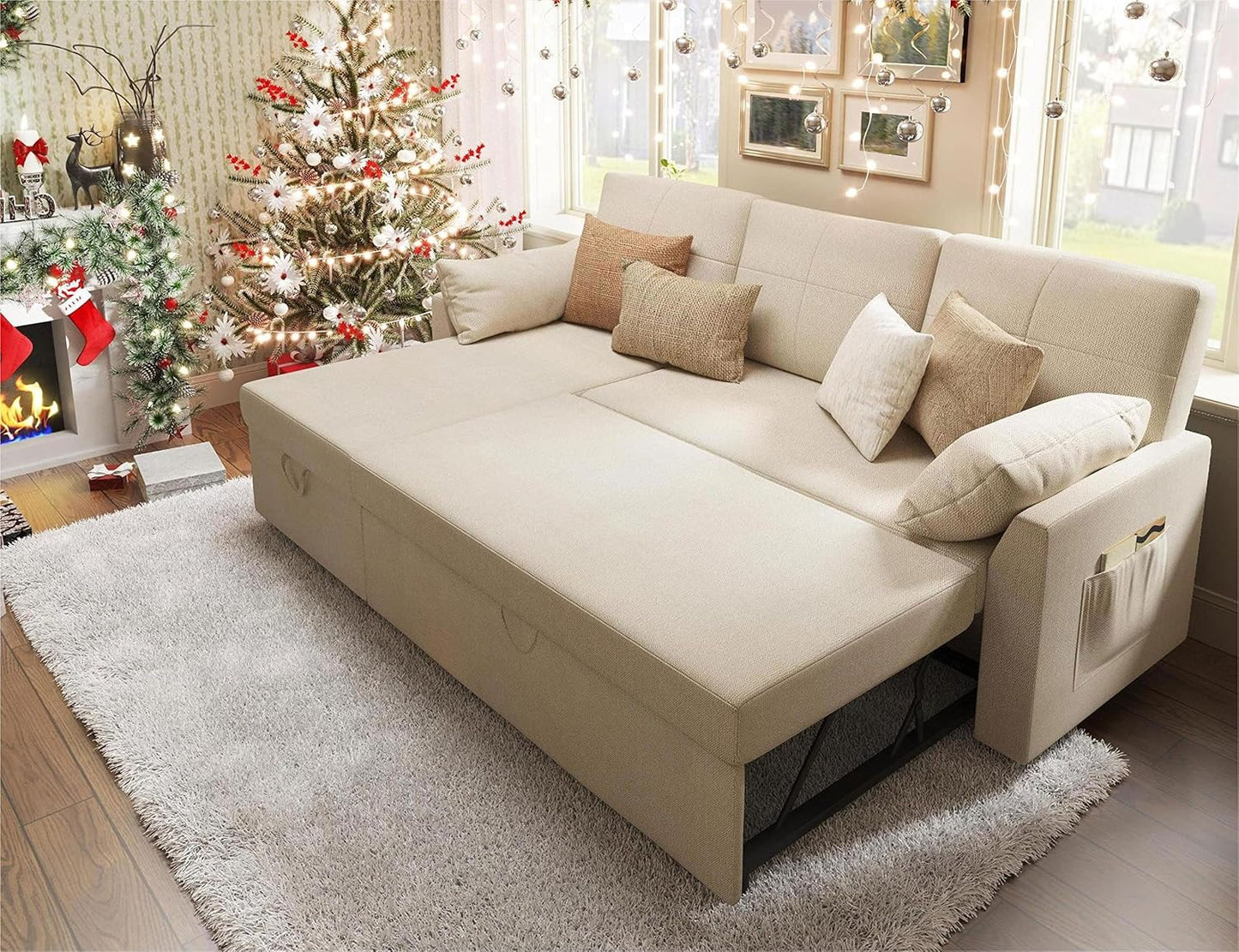 VanAcc Sleeper Sofa, Sofa Bed- 2 in 1 Pull Out Couch Bed with Storage Chaise for Living Room, Comfy Sleeper Couch, Beige Chenille