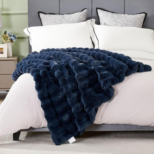 DREAMNINE Large Soft Thick Fuzzy Bubble Faux Rabbit Fur Blanket Full Size 70" x 80",Double Sided Comfy Plush Warm Shaggy Fluffy Blankets, Luxury Big Cozy Cute Textured Furry Blanket for Bed, Navy Blue