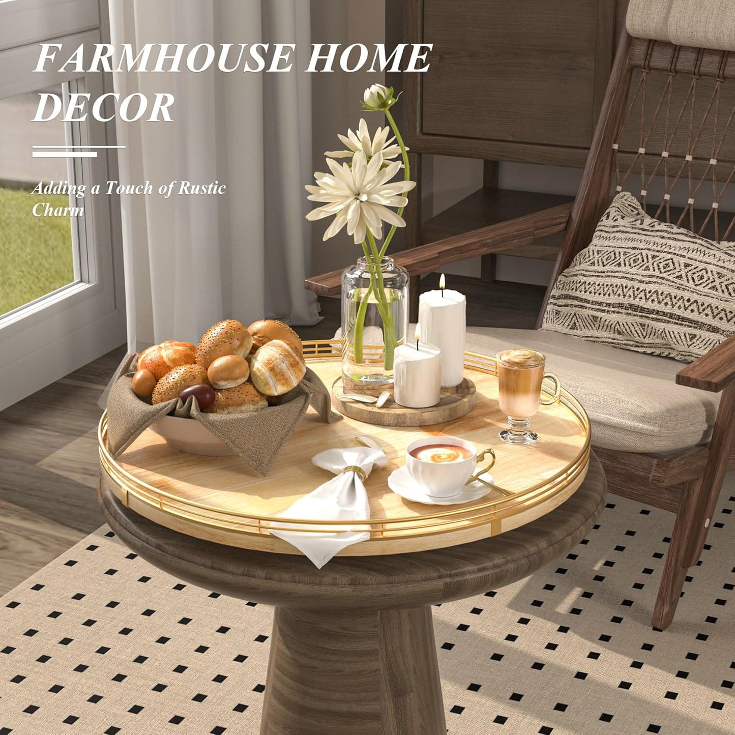 18 Inch Rustic Lazy Susan Turntable – Solid Oak & Iron Wood Rotating Tray for Dining Table, Kitchen Counter, Coffee Table – Farmhouse Style Large Wooden Lazy Susan Organizer for Home Décor