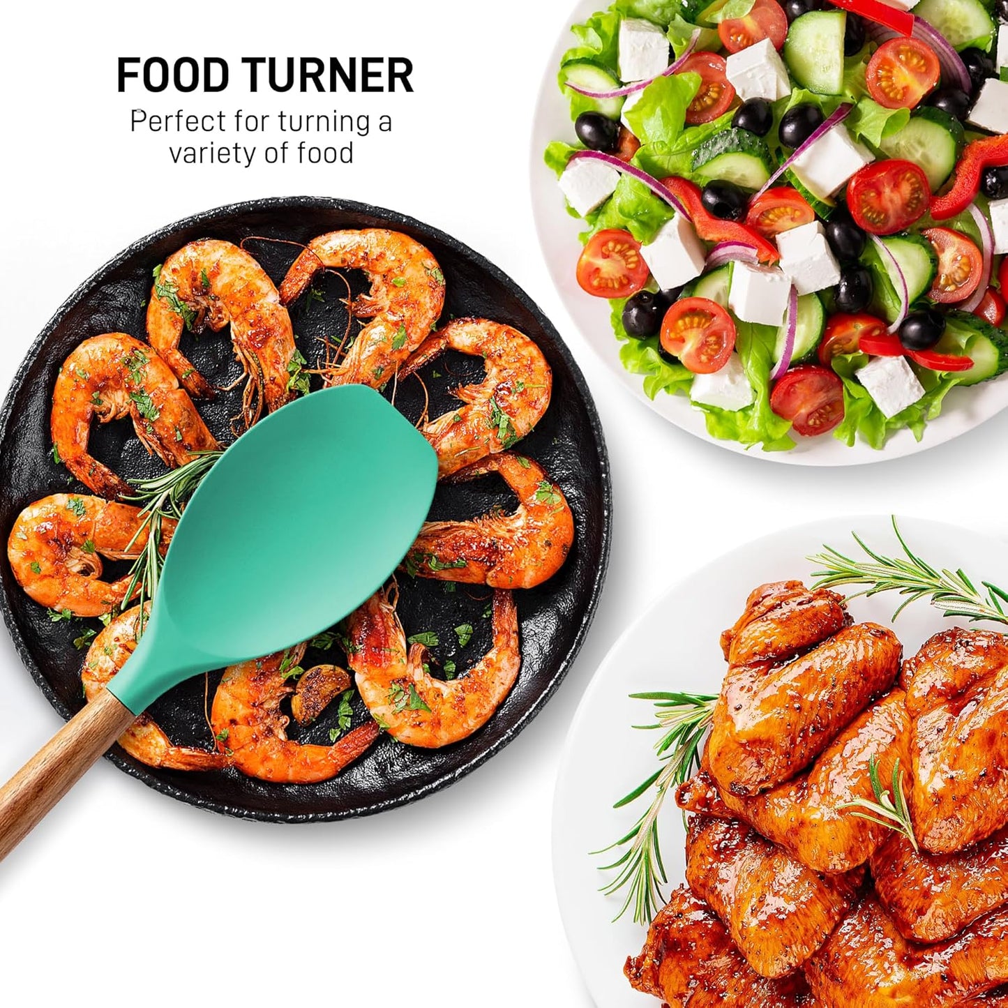 Zulay Kitchen Non-Stick Cooking Utensils Set with Authentic Acacia Wood Handles – 5-Piece Durable & Stylish Silicone Kitchen Utensils Set – Heat Resistant to 464°F – Mint