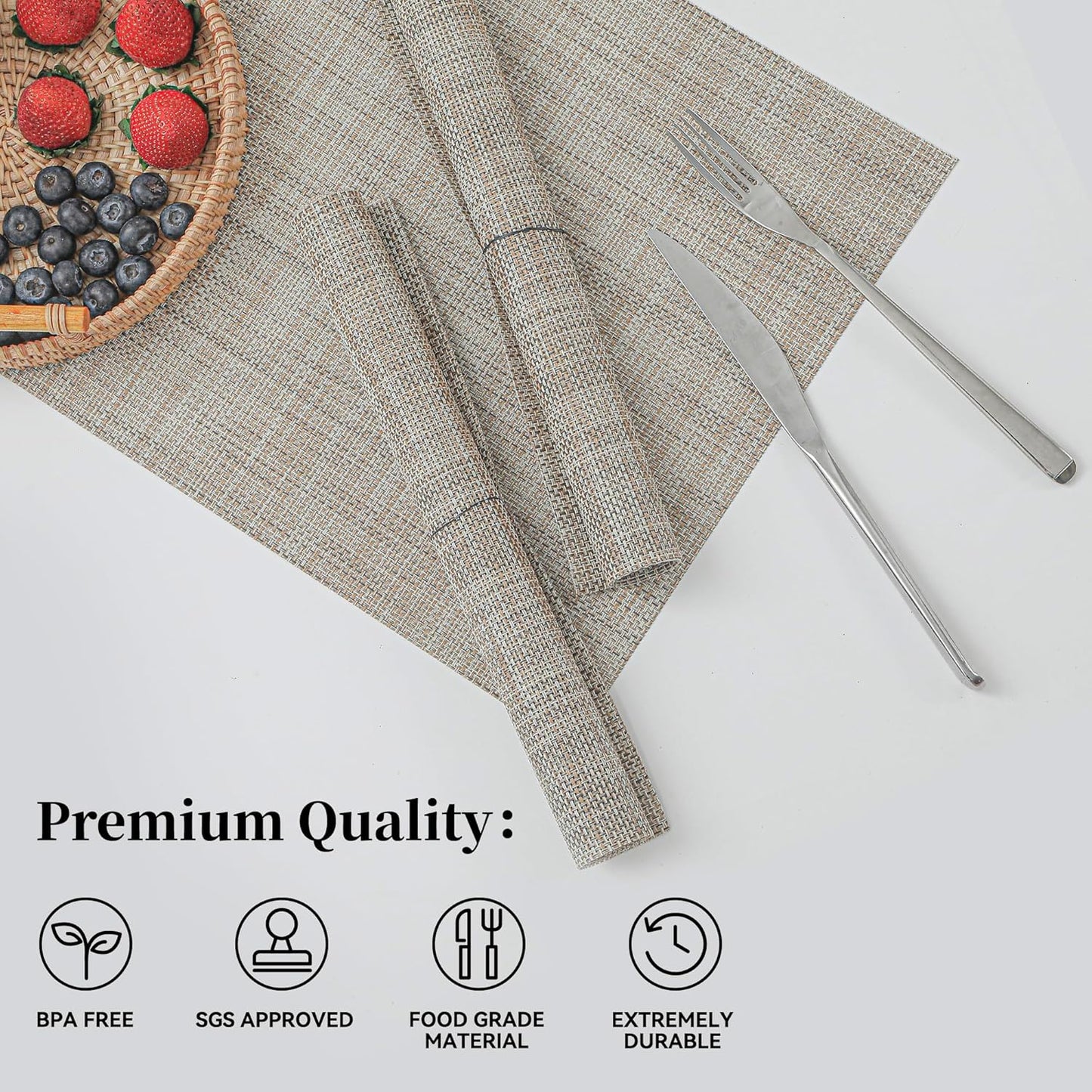 Leetaltree Linen Yellow Placemats Set of 4 - Heat Resistant Non-Slip Place mats for Dining Table, Washable Durable PVC Vinyl Woven Table Mats（Linen Yellow, 4）